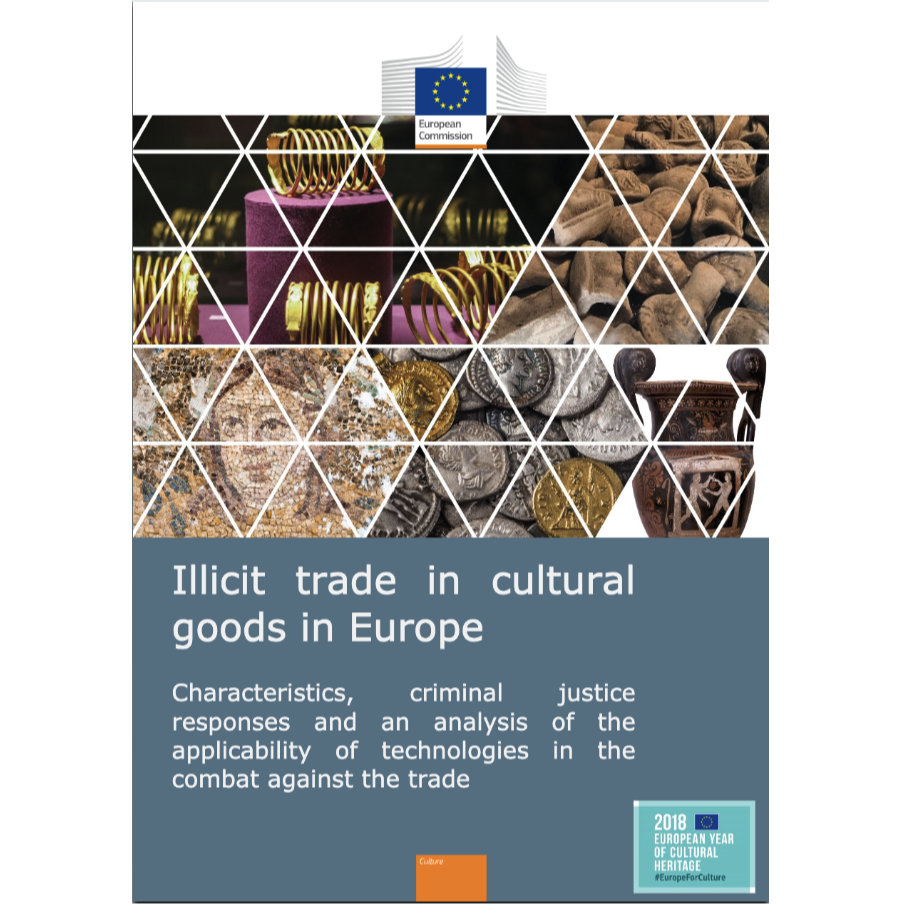 Cover of the European Commission Report Illicit Trade in Cultural Goods in Europe. Various antiquities are showsn with a triangle pattern over them that looks like tiles.