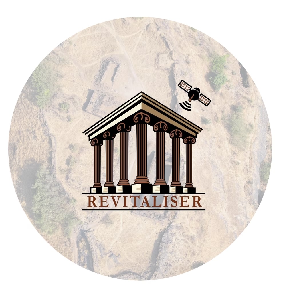 Logo of the revitalier project. A greek style temple with a satellite flying over it with the word Revitaliser underneath.