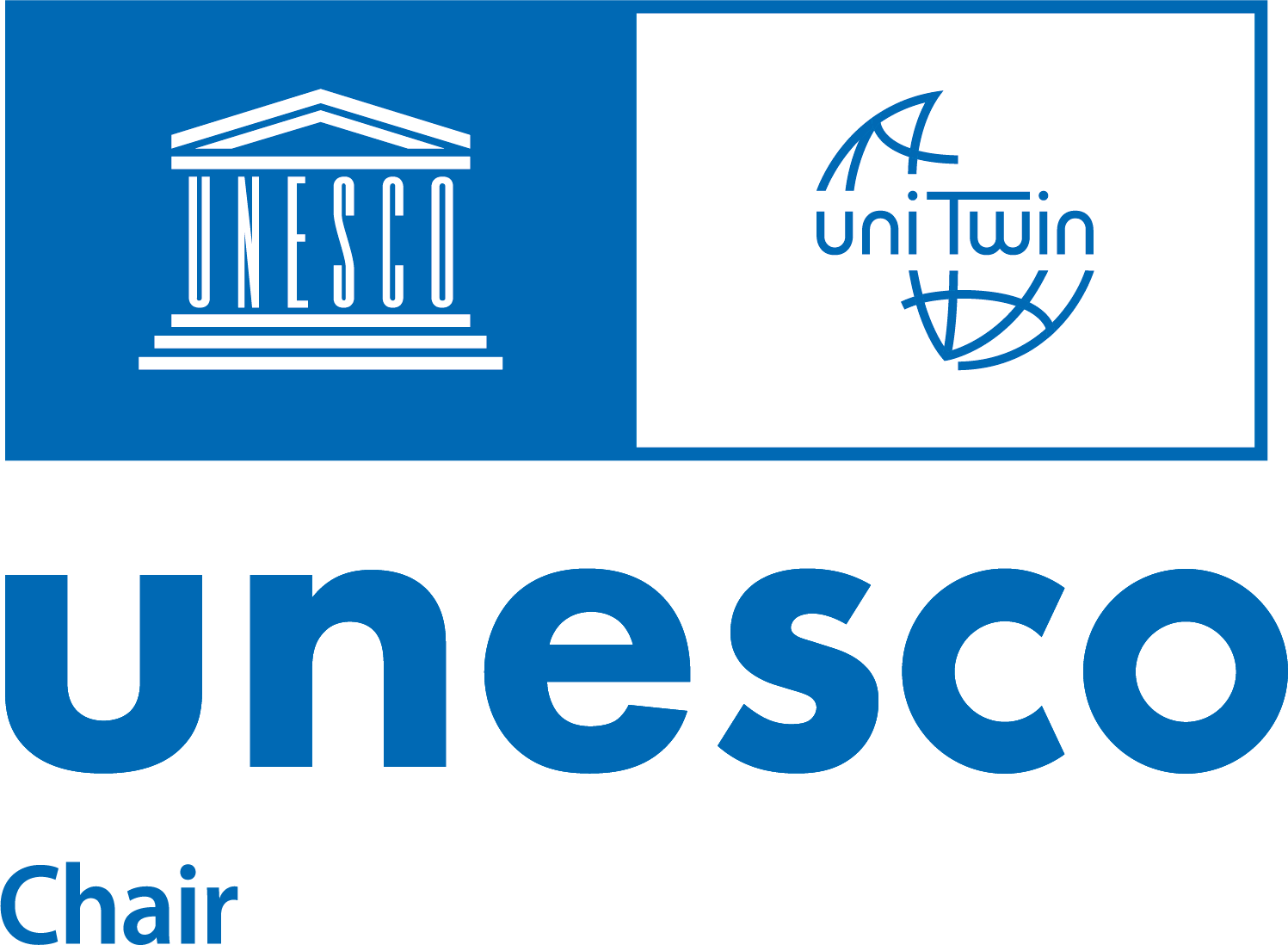 Blue and white logo that said UNESCO Chair and has the UNESCO primary logo on it