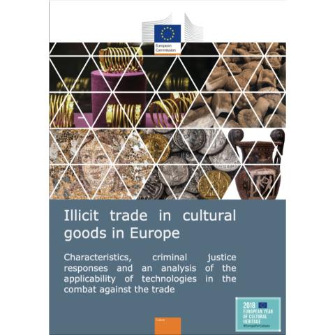 Cover of the European Commission Report Illicit Trade in Cultural Goods in Europe. Various antiquities are showsn with a triangle pattern over them that looks like tiles.