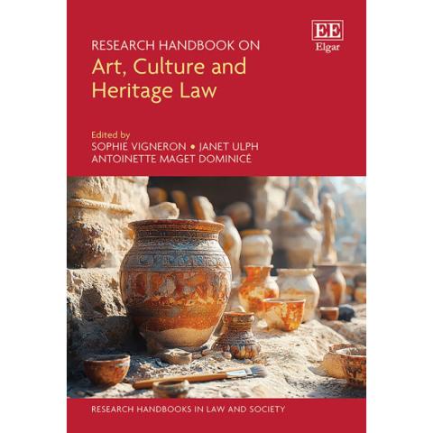 Cover of an academic book called Research Handbook on Art, Culture and Heritage Law that shows some ancient looking pottery