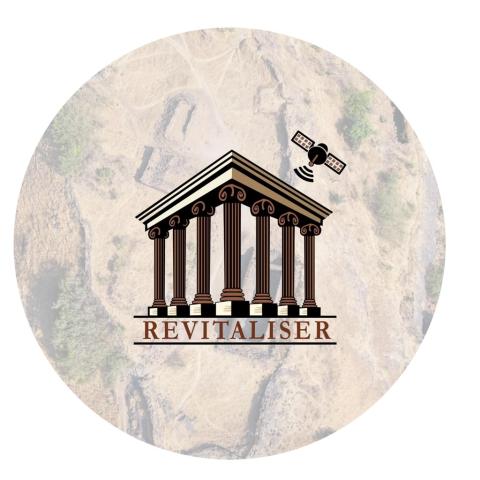 Logo of the revitalier project. A greek style temple with a satellite flying over it with the word Revitaliser underneath.